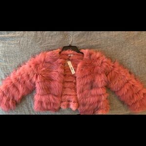 Alice and Olivia Fawn Pink cropped fur jacket